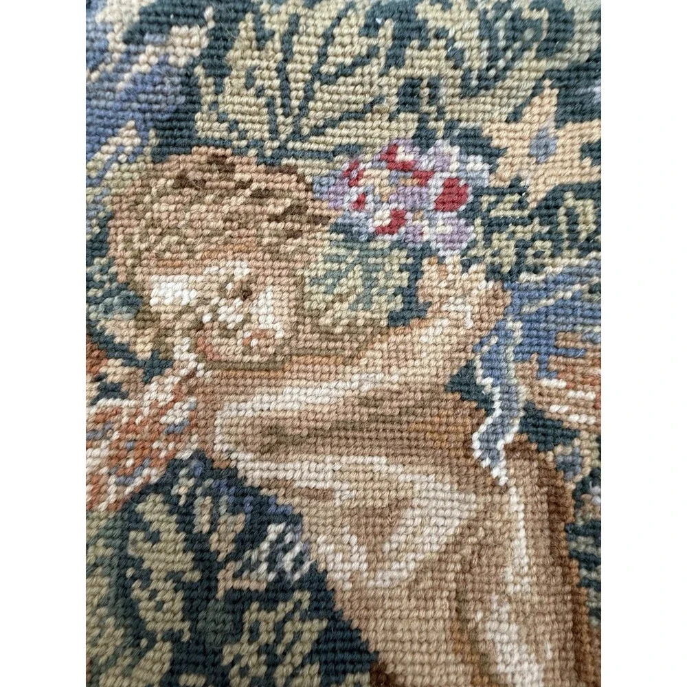 Vintage Needlepoint Pillow Floral Cherub Angel Wool and Velvet Zipper 15.5X 15.5